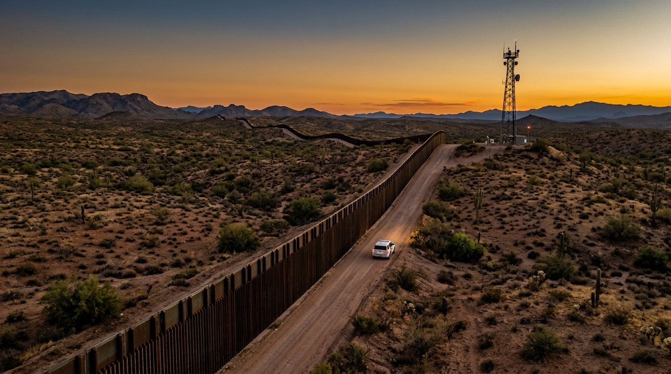 Dron comercial en vuelo sobre la franja fronteriza entre México y Estados Unidos