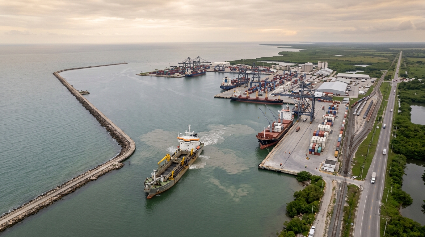 Muelles y rompeolas del puerto de Dos Bocas en Paraíso, Tabasco