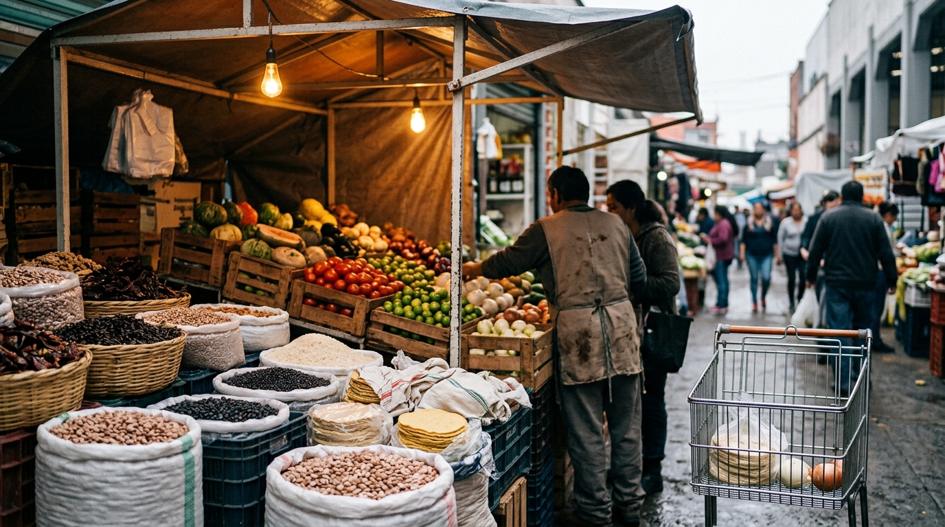 Canasta básica de alimentos en un mercado, reflejo de la inseguridad alimentaria en México