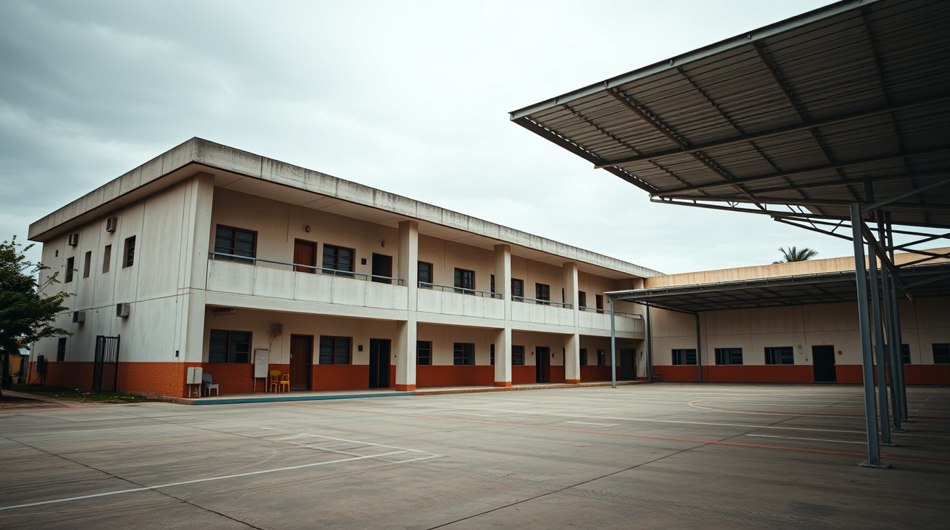 Edificio nuevo de la Secundaria Técnica 9 de Villahermosa con cancha techada