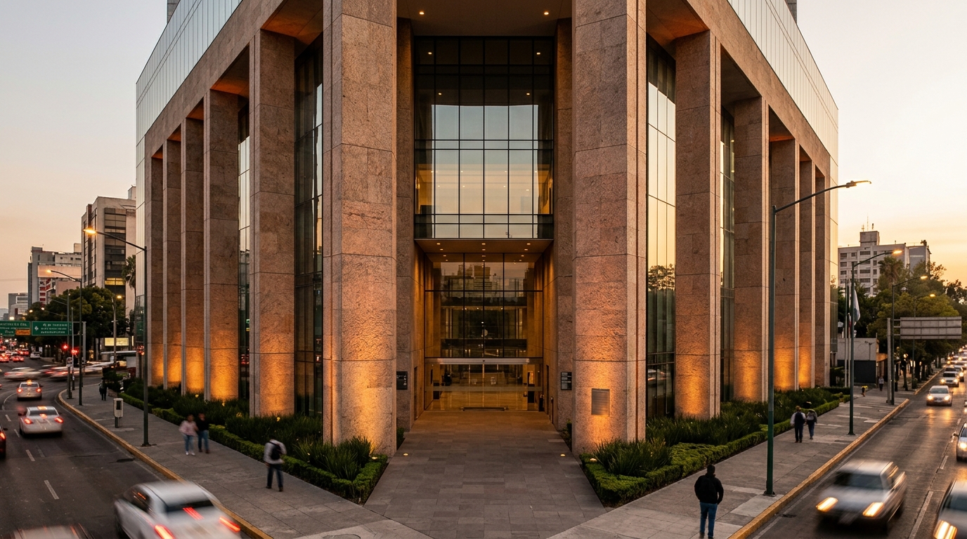 Fachada del edificio del TEPJF en Ciudad de México al atardecer